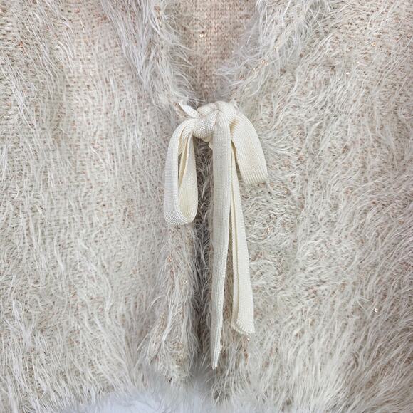 Free People Mina Fuzzy Sequin Tie Front Cardigan Cream Ivory Size Large - Picture 7 of 9